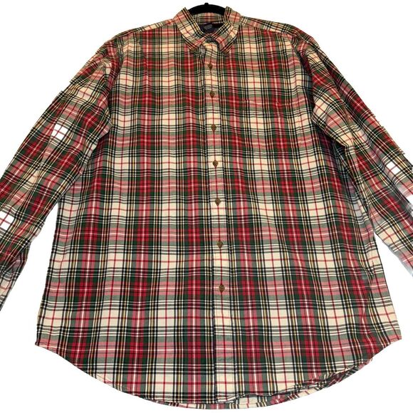 LANDS END Mens Shirt Large Tall Red Green Christmas Plaid Button Up Long Sleeve - Picture 1 of 11